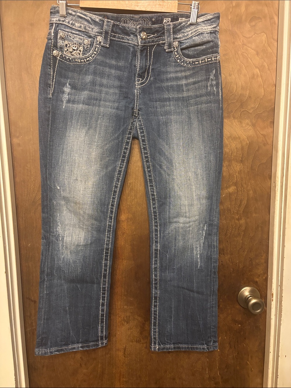 Miss Me Medium Blue Distressed Boot Cut Capri